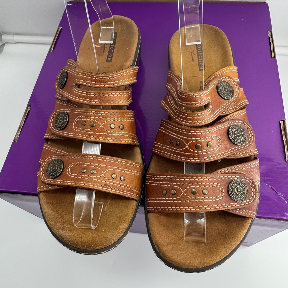Clarks Collection Leisa Cacti Brown Leather Slide Sandals Women's Size 6